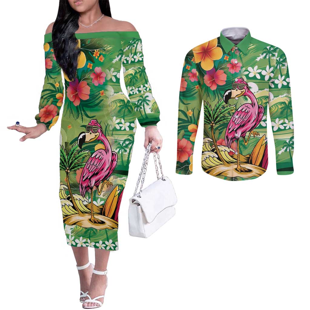 Hawaiian Flamingo Hibiscus Personalised Couples Matching Off The Shoulder Long Sleeve Dress and Long Sleeve Button Shirt Green Summer Tropical Flowers - Polynesian Pride