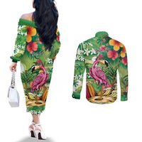 Hawaiian Flamingo Hibiscus Personalised Couples Matching Off The Shoulder Long Sleeve Dress and Long Sleeve Button Shirt Green Summer Tropical Flowers - Polynesian Pride
