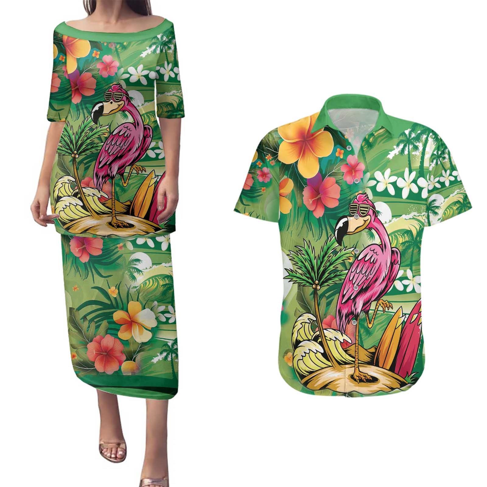 Hawaiian Flamingo Hibiscus Personalised Couples Matching Puletasi and Hawaiian Shirt Green Summer Tropical Flowers - Polynesian Pride
