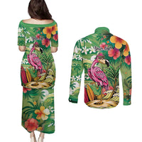 Hawaiian Flamingo Hibiscus Personalised Couples Matching Puletasi and Long Sleeve Button Shirt Green Summer Tropical Flowers - Polynesian Pride
