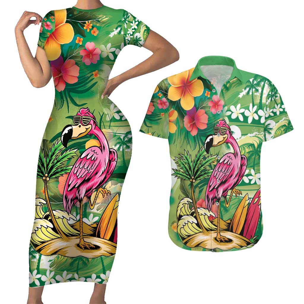 Hawaiian Flamingo Hibiscus Personalised Couples Matching Short Sleeve Bodycon Dress and Hawaiian Shirt Green Summer Tropical Flowers - Polynesian Pride
