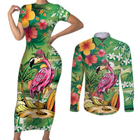 Hawaiian Flamingo Hibiscus Personalised Couples Matching Short Sleeve Bodycon Dress and Long Sleeve Button Shirt Green Summer Tropical Flowers - Polynesian Pride