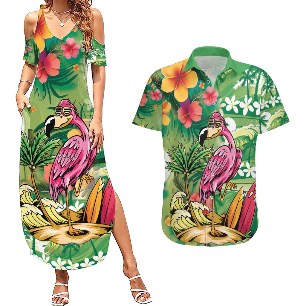 Hawaiian Flamingo Hibiscus Personalised Couples Matching Summer Maxi Dress and Hawaiian Shirt Green Summer Tropical Flowers - Polynesian Pride