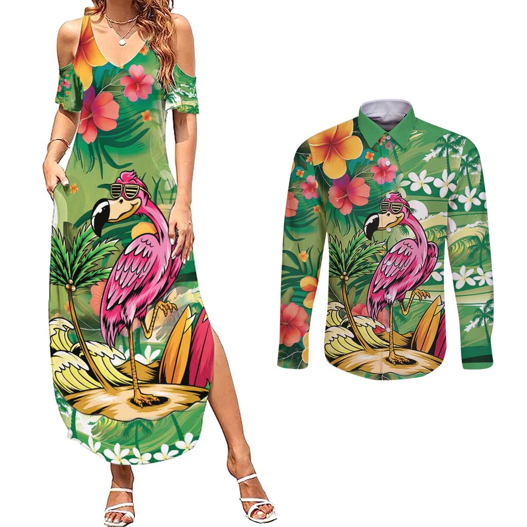 Hawaiian Flamingo Hibiscus Personalised Couples Matching Summer Maxi Dress and Long Sleeve Button Shirt Green Summer Tropical Flowers - Polynesian Pride