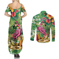 Hawaiian Flamingo Hibiscus Personalised Couples Matching Summer Maxi Dress and Long Sleeve Button Shirt Green Summer Tropical Flowers - Polynesian Pride
