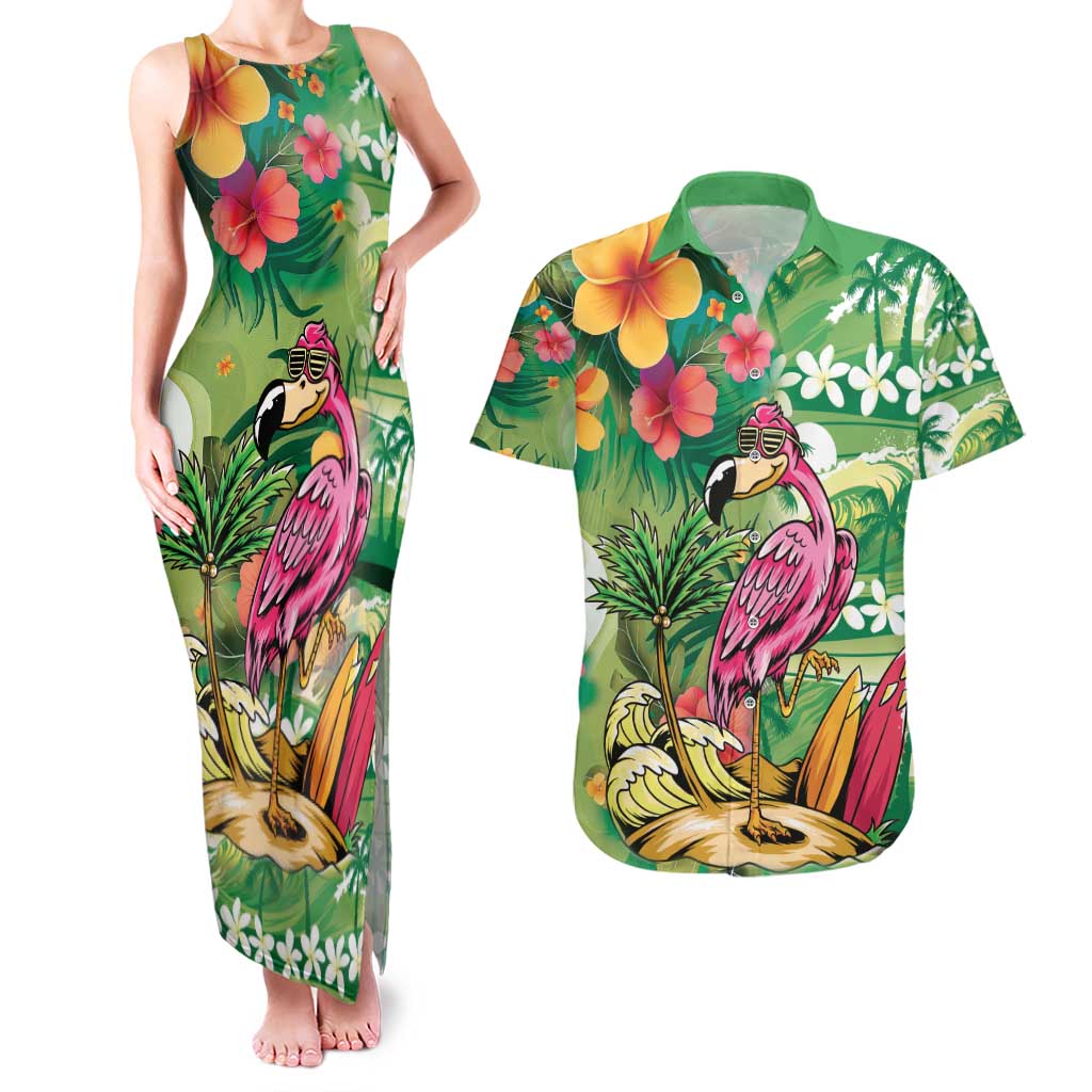 Hawaiian Flamingo Hibiscus Personalised Couples Matching Tank Maxi Dress and Hawaiian Shirt Green Summer Tropical Flowers - Polynesian Pride
