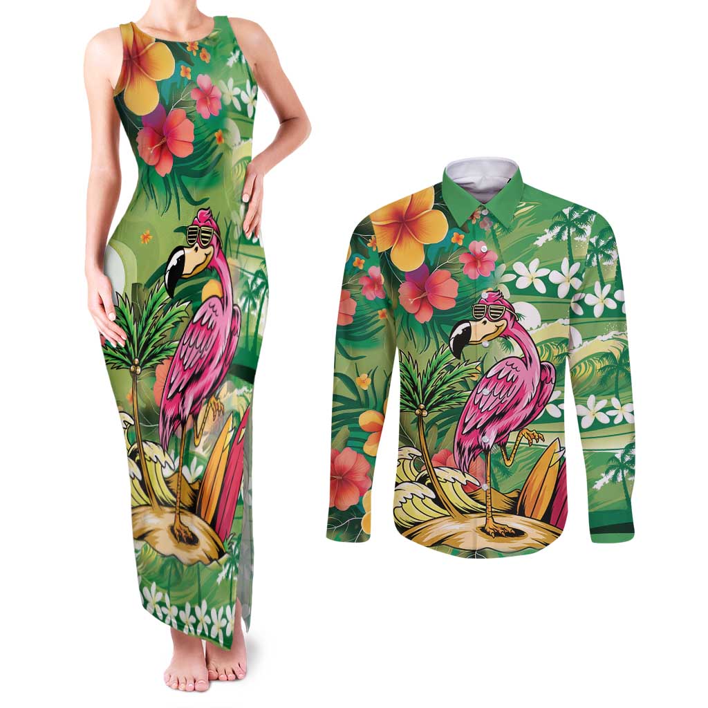 Hawaiian Flamingo Hibiscus Personalised Couples Matching Tank Maxi Dress and Long Sleeve Button Shirt Green Summer Tropical Flowers - Polynesian Pride