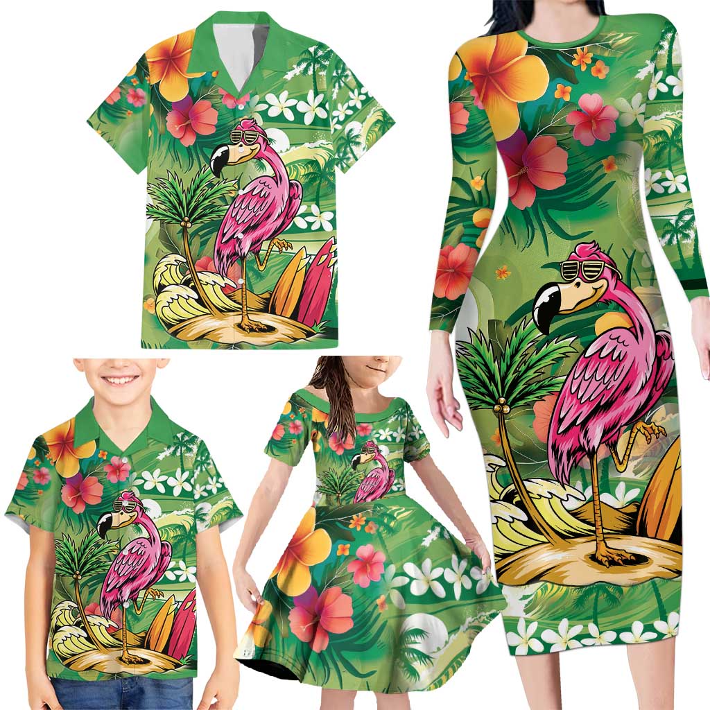 Hawaiian Flamingo Hibiscus Personalised Family Matching Long Sleeve Bodycon Dress and Hawaiian Shirt Green Summer Tropical Flowers - Polynesian Pride