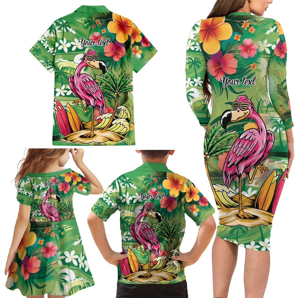 Hawaiian Flamingo Hibiscus Personalised Family Matching Long Sleeve Bodycon Dress and Hawaiian Shirt Green Summer Tropical Flowers - Polynesian Pride
