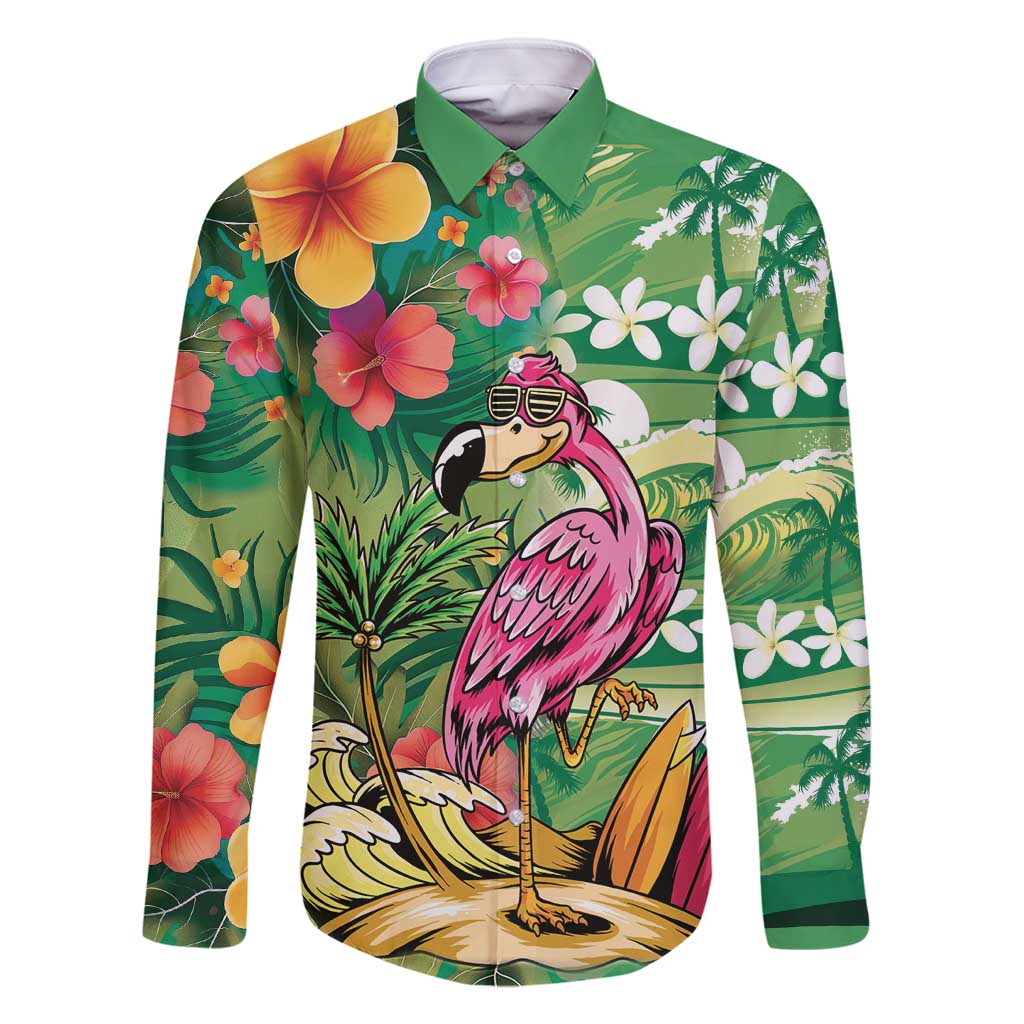 Hawaiian Flamingo Hibiscus Personalised Family Matching Long Sleeve Bodycon Dress and Hawaiian Shirt Green Summer Tropical Flowers - Polynesian Pride