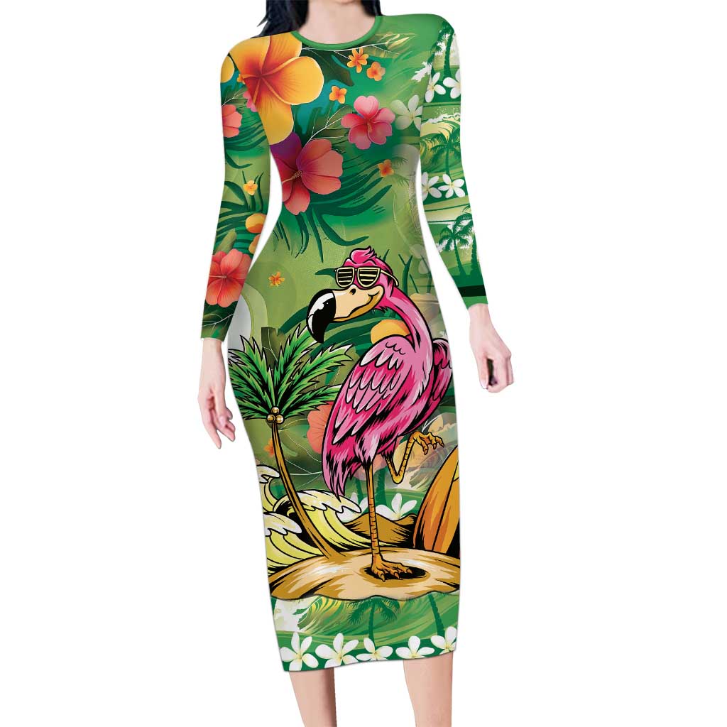 Hawaiian Flamingo Hibiscus Personalised Family Matching Long Sleeve Bodycon Dress and Hawaiian Shirt Green Summer Tropical Flowers - Polynesian Pride