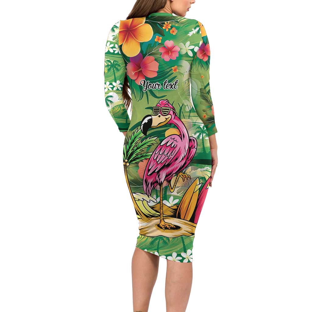 Hawaiian Flamingo Hibiscus Personalised Family Matching Long Sleeve Bodycon Dress and Hawaiian Shirt Green Summer Tropical Flowers - Polynesian Pride
