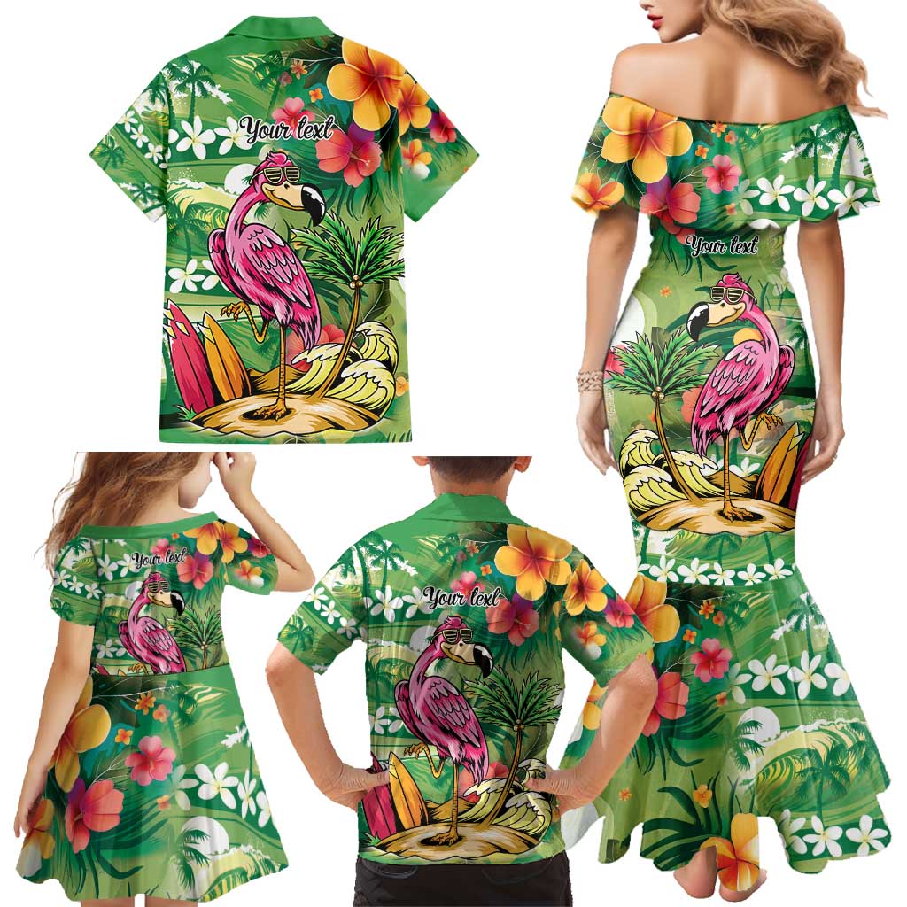 Hawaiian Flamingo Hibiscus Personalised Family Matching Mermaid Dress and Hawaiian Shirt Green Summer Tropical Flowers - Polynesian Pride