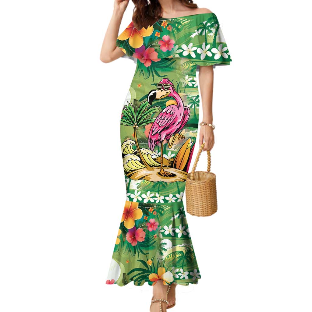 Hawaiian Flamingo Hibiscus Personalised Family Matching Mermaid Dress and Hawaiian Shirt Green Summer Tropical Flowers - Polynesian Pride