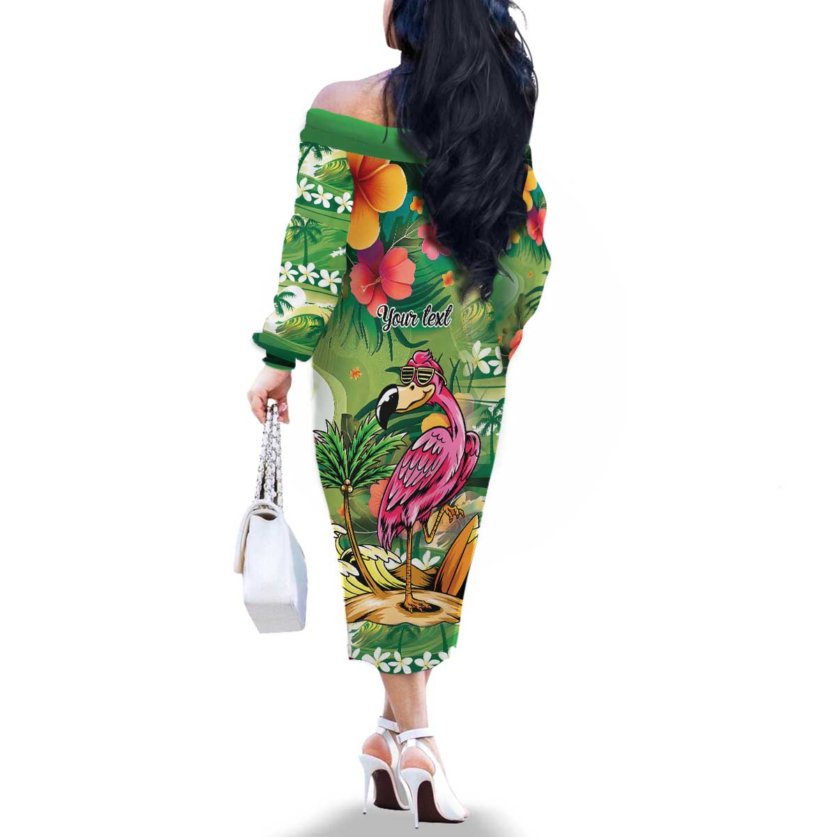 Hawaiian Flamingo Hibiscus Personalised Family Matching Off The Shoulder Long Sleeve Dress and Hawaiian Shirt Green Summer Tropical Flowers - Polynesian Pride