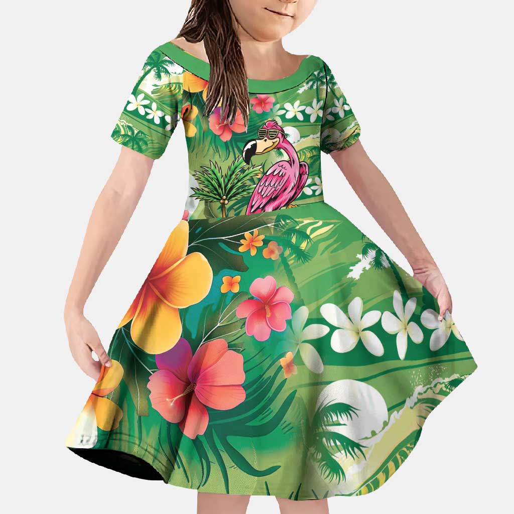Hawaiian Flamingo Hibiscus Personalised Family Matching Off Shoulder Maxi Dress and Hawaiian Shirt Green Summer Tropical Flowers - Polynesian Pride