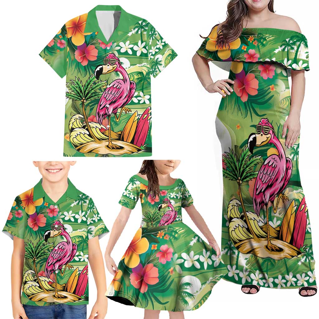 Hawaiian Flamingo Hibiscus Personalised Family Matching Off Shoulder Maxi Dress and Hawaiian Shirt Green Summer Tropical Flowers - Polynesian Pride
