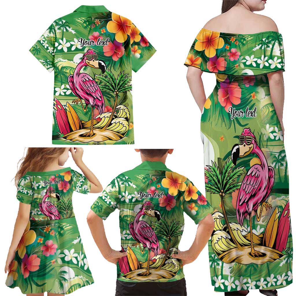 Hawaiian Flamingo Hibiscus Personalised Family Matching Off Shoulder Maxi Dress and Hawaiian Shirt Green Summer Tropical Flowers - Polynesian Pride