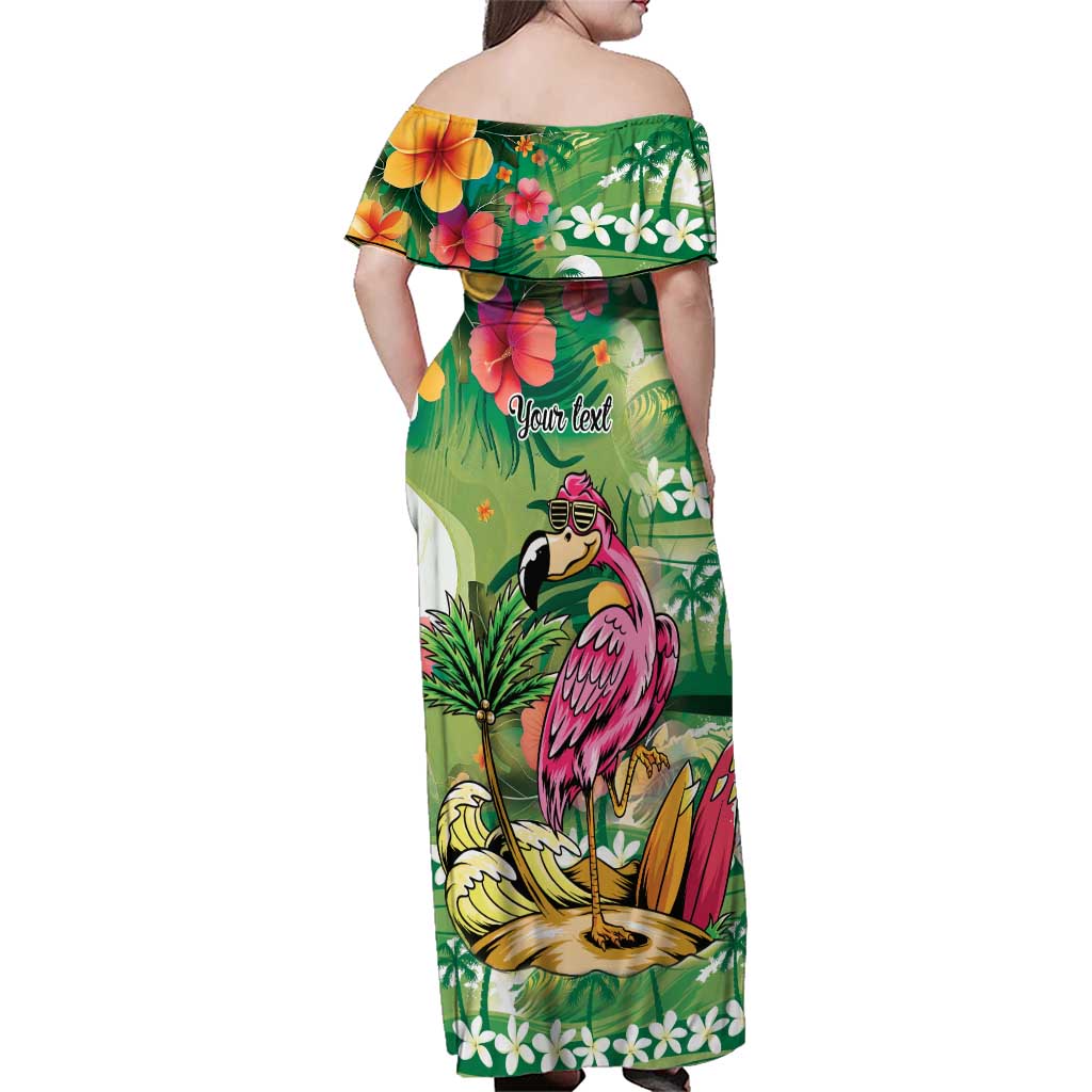 Hawaiian Flamingo Hibiscus Personalised Family Matching Off Shoulder Maxi Dress and Hawaiian Shirt Green Summer Tropical Flowers - Polynesian Pride