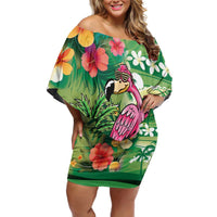 Hawaiian Flamingo Hibiscus Personalised Family Matching Off Shoulder Short Dress and Hawaiian Shirt Green Summer Tropical Flowers - Polynesian Pride