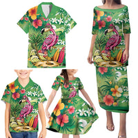 Hawaiian Flamingo Hibiscus Personalised Family Matching Puletasi and Hawaiian Shirt Green Summer Tropical Flowers - Polynesian Pride