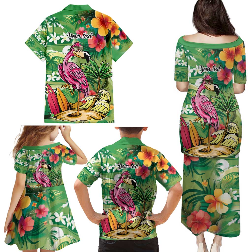 Hawaiian Flamingo Hibiscus Personalised Family Matching Puletasi and Hawaiian Shirt Green Summer Tropical Flowers - Polynesian Pride