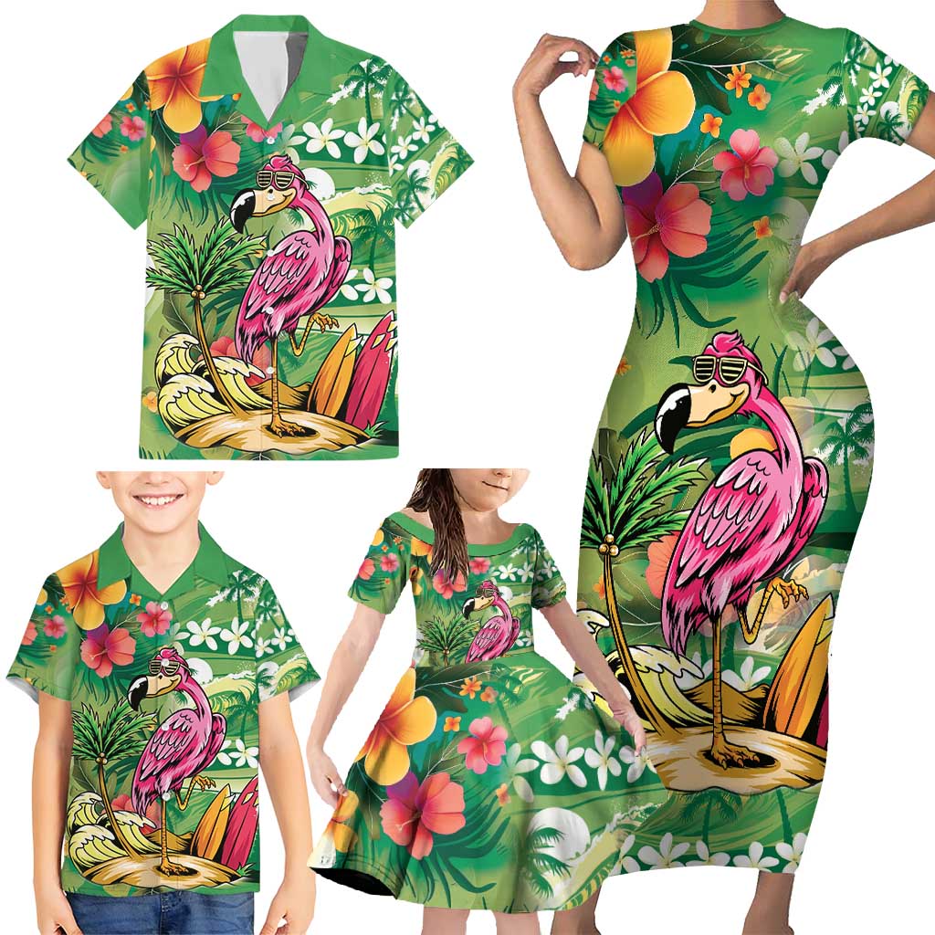 Hawaiian Flamingo Hibiscus Personalised Family Matching Short Sleeve Bodycon Dress and Hawaiian Shirt Green Summer Tropical Flowers - Polynesian Pride