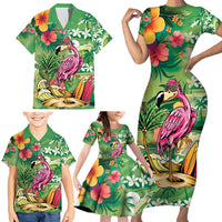 Hawaiian Flamingo Hibiscus Personalised Family Matching Short Sleeve Bodycon Dress and Hawaiian Shirt Green Summer Tropical Flowers - Polynesian Pride