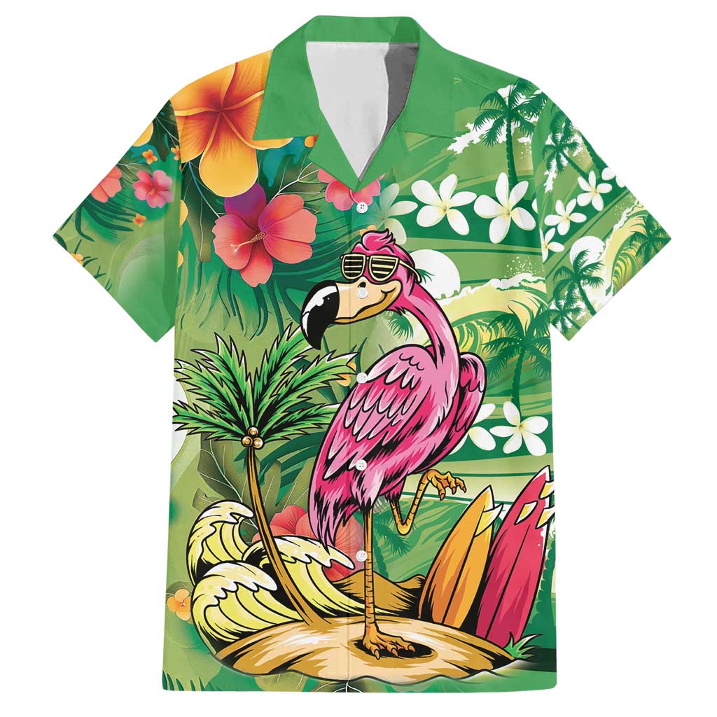 Hawaiian Flamingo Hibiscus Personalised Family Matching Short Sleeve Bodycon Dress and Hawaiian Shirt Green Summer Tropical Flowers - Polynesian Pride