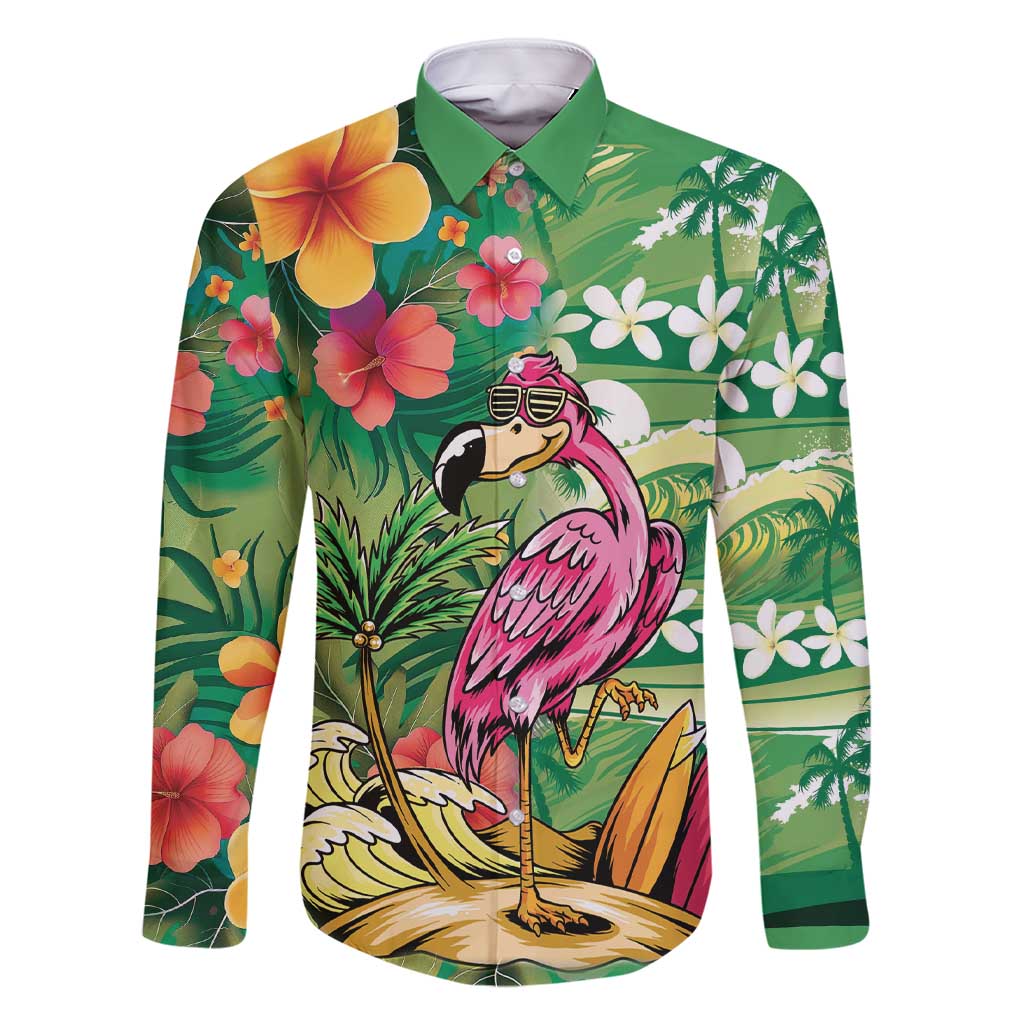 Hawaiian Flamingo Hibiscus Personalised Family Matching Short Sleeve Bodycon Dress and Hawaiian Shirt Green Summer Tropical Flowers - Polynesian Pride