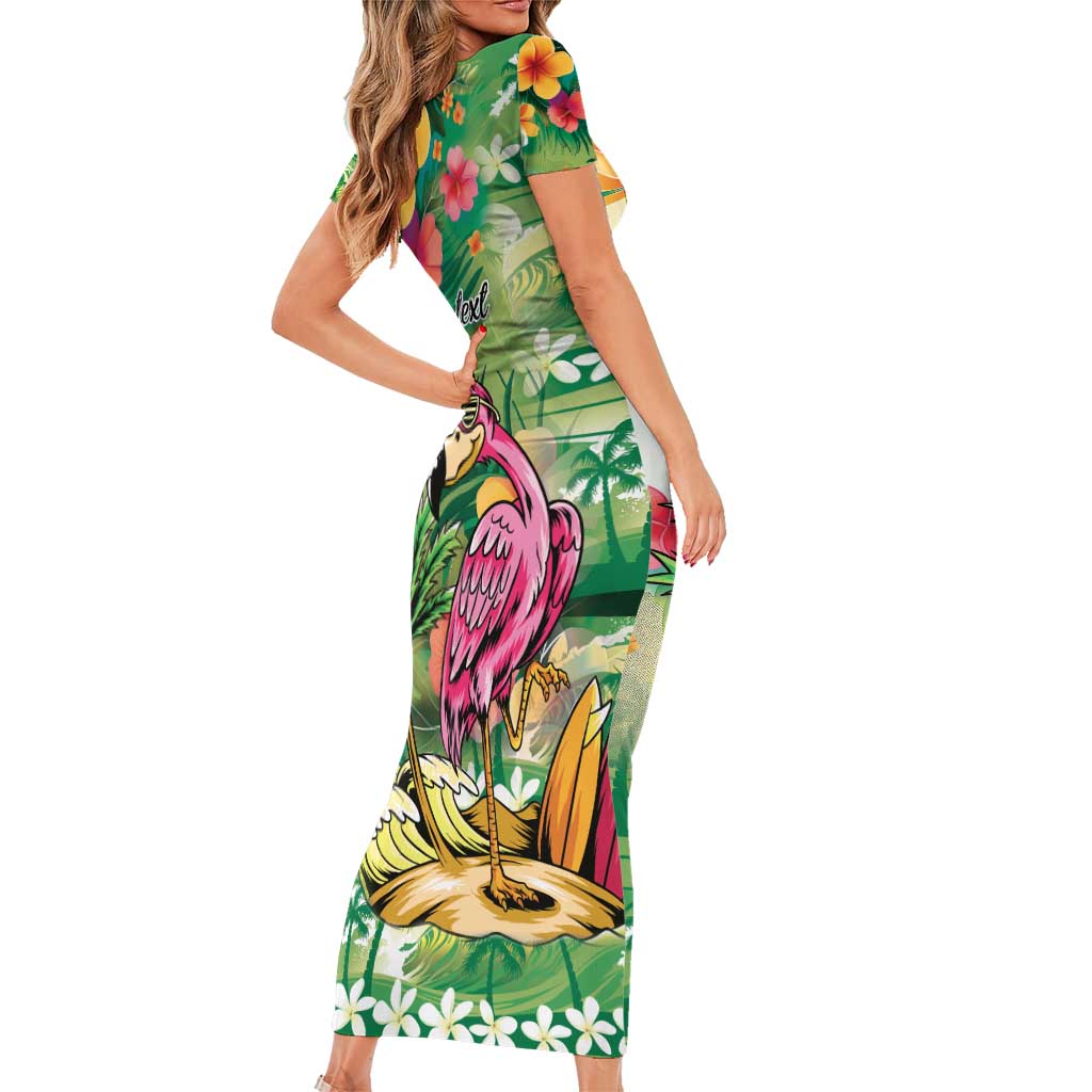 Hawaiian Flamingo Hibiscus Personalised Family Matching Short Sleeve Bodycon Dress and Hawaiian Shirt Green Summer Tropical Flowers - Polynesian Pride