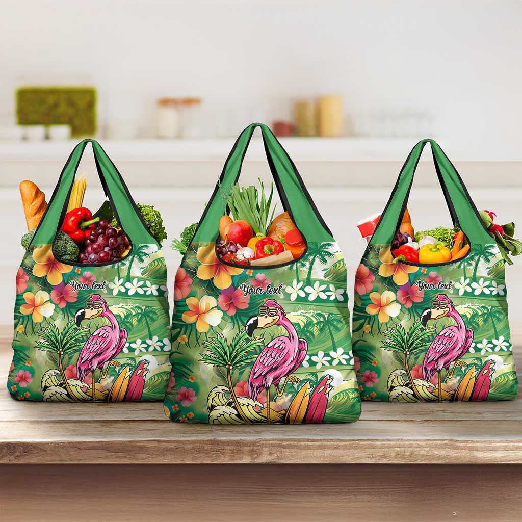 Hawaiian Flamingo Hibiscus Personalised Grocery Bag Green Summer Tropical Flowers - Polynesian Pride