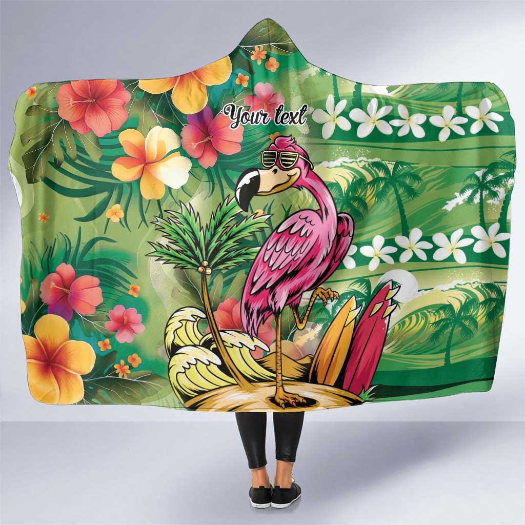 Hawaiian Flamingo Hibiscus Personalised Hooded Blanket Green Summer Tropical Flowers - Polynesian Pride