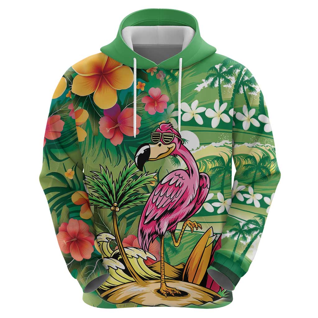 Hawaiian Flamingo Hibiscus Personalised Hoodie Green Summer Tropical Flowers - Polynesian Pride
