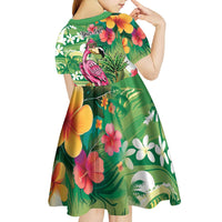 Hawaiian Flamingo Hibiscus Personalised Kid Short Sleeve Dress Green Summer Tropical Flowers - Polynesian Pride