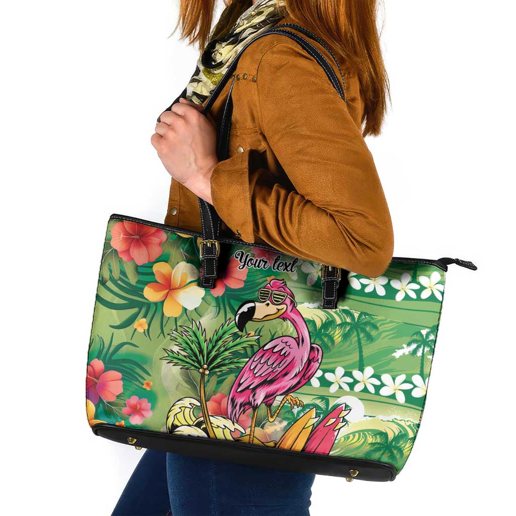 Hawaiian Flamingo Hibiscus Personalised Leather Tote Bag Green Summer Tropical Flowers - Polynesian Pride