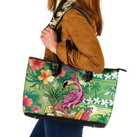 Hawaiian Flamingo Hibiscus Personalised Leather Tote Bag Green Summer Tropical Flowers - Polynesian Pride