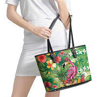 Hawaiian Flamingo Hibiscus Personalised Leather Tote Bag Green Summer Tropical Flowers - Polynesian Pride