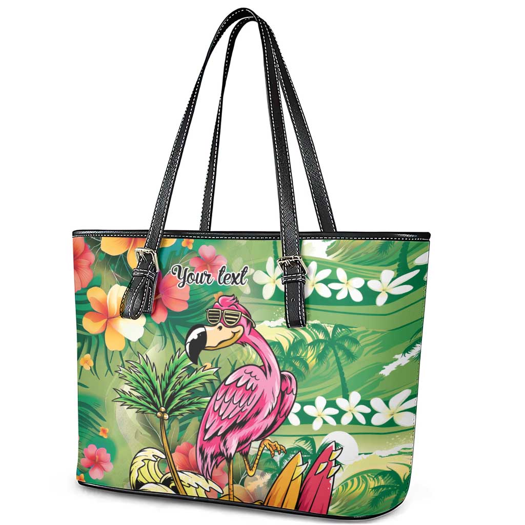 Hawaiian Flamingo Hibiscus Personalised Leather Tote Bag Green Summer Tropical Flowers - Polynesian Pride