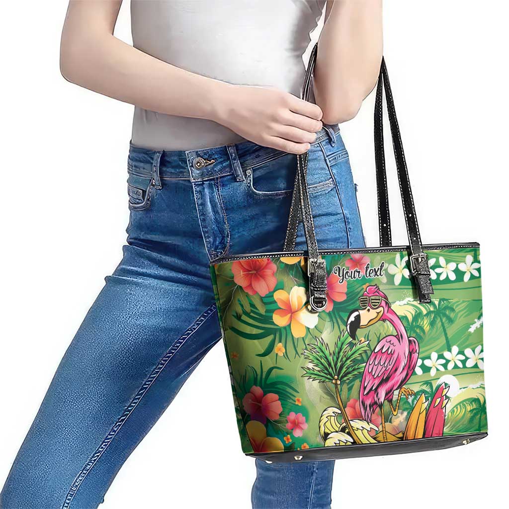 Hawaiian Flamingo Hibiscus Personalised Leather Tote Bag Green Summer Tropical Flowers - Polynesian Pride