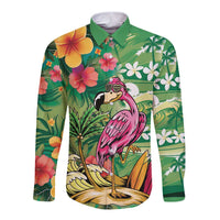 Hawaiian Flamingo Hibiscus Personalised Long Sleeve Button Shirt Green Summer Tropical Flowers - Polynesian Pride