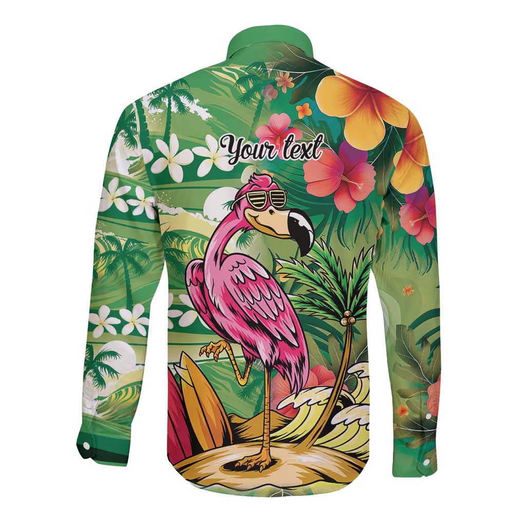Hawaiian Flamingo Hibiscus Personalised Long Sleeve Button Shirt Green Summer Tropical Flowers - Polynesian Pride