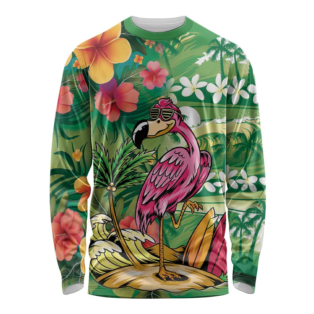 Hawaiian Flamingo Hibiscus Personalised Long Sleeve Shirt Green Summer Tropical Flowers - Polynesian Pride