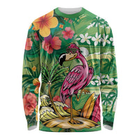 Hawaiian Flamingo Hibiscus Personalised Long Sleeve Shirt Green Summer Tropical Flowers - Polynesian Pride