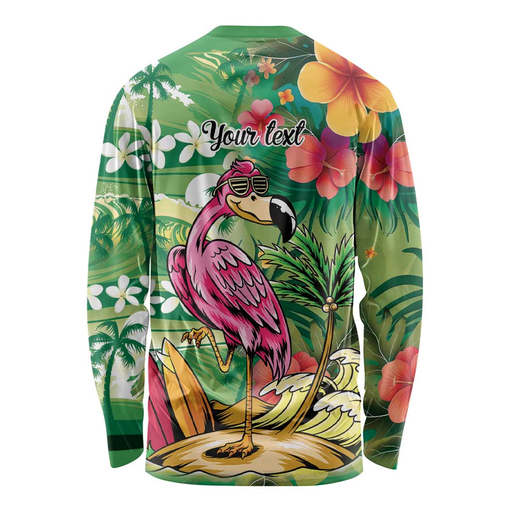 Hawaiian Flamingo Hibiscus Personalised Long Sleeve Shirt Green Summer Tropical Flowers - Polynesian Pride