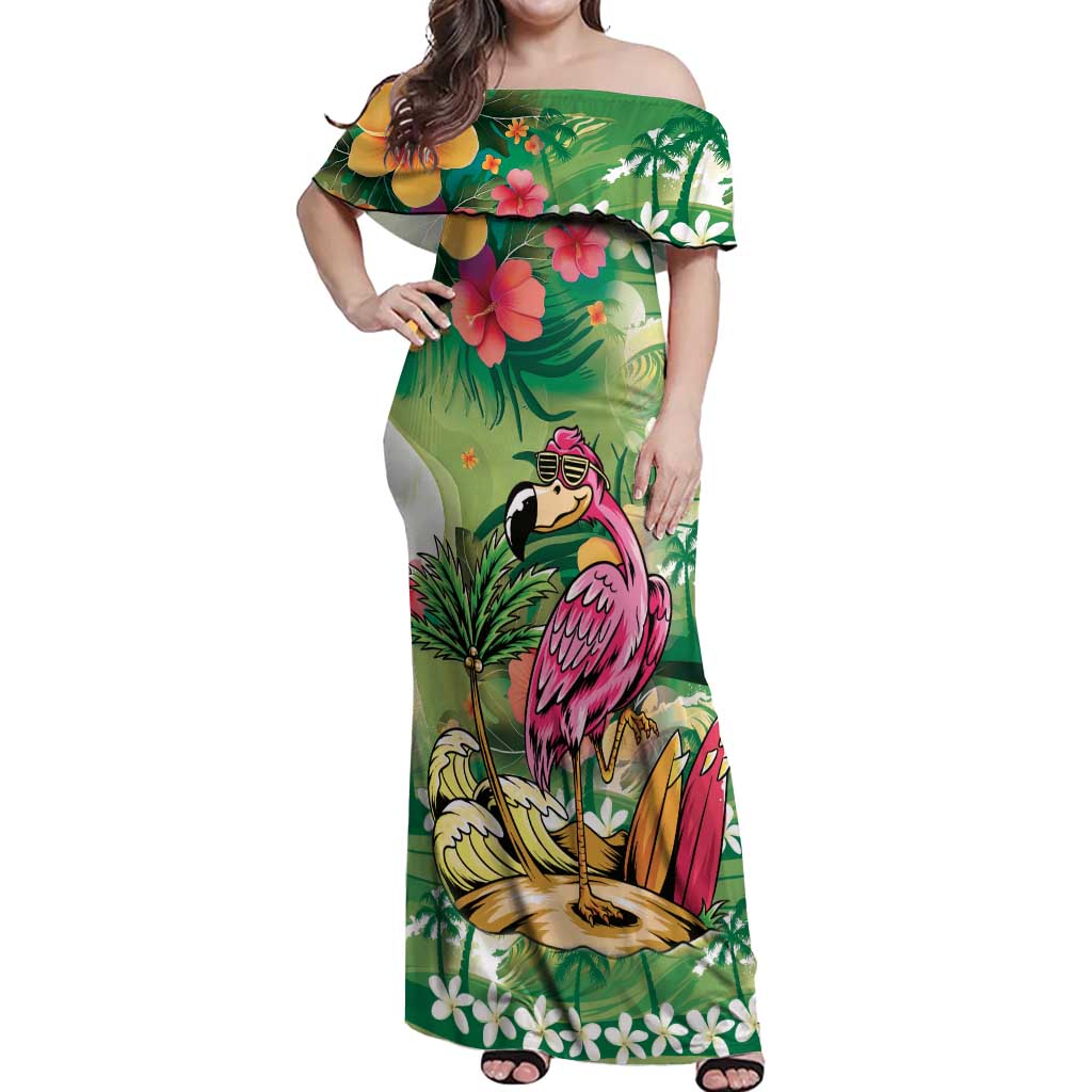 Hawaiian Flamingo Hibiscus Personalised Off Shoulder Maxi Dress Green Summer Tropical Flowers - Polynesian Pride