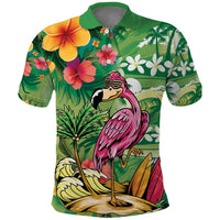 Hawaiian Flamingo Hibiscus Personalised Polo Shirt Green Summer Tropical Flowers - Polynesian Pride