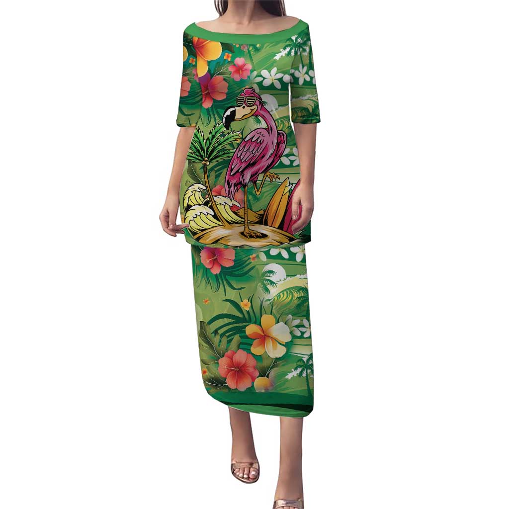 Hawaiian Flamingo Hibiscus Personalised Puletasi Green Summer Tropical Flowers - Polynesian Pride