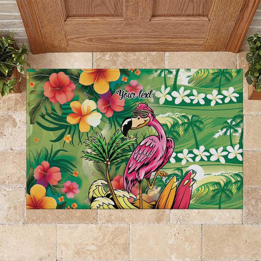 Hawaiian Flamingo Hibiscus Personalised Rubber Doormat Green Summer Tropical Flowers - Polynesian Pride