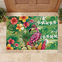 Hawaiian Flamingo Hibiscus Personalised Rubber Doormat Green Summer Tropical Flowers - Polynesian Pride